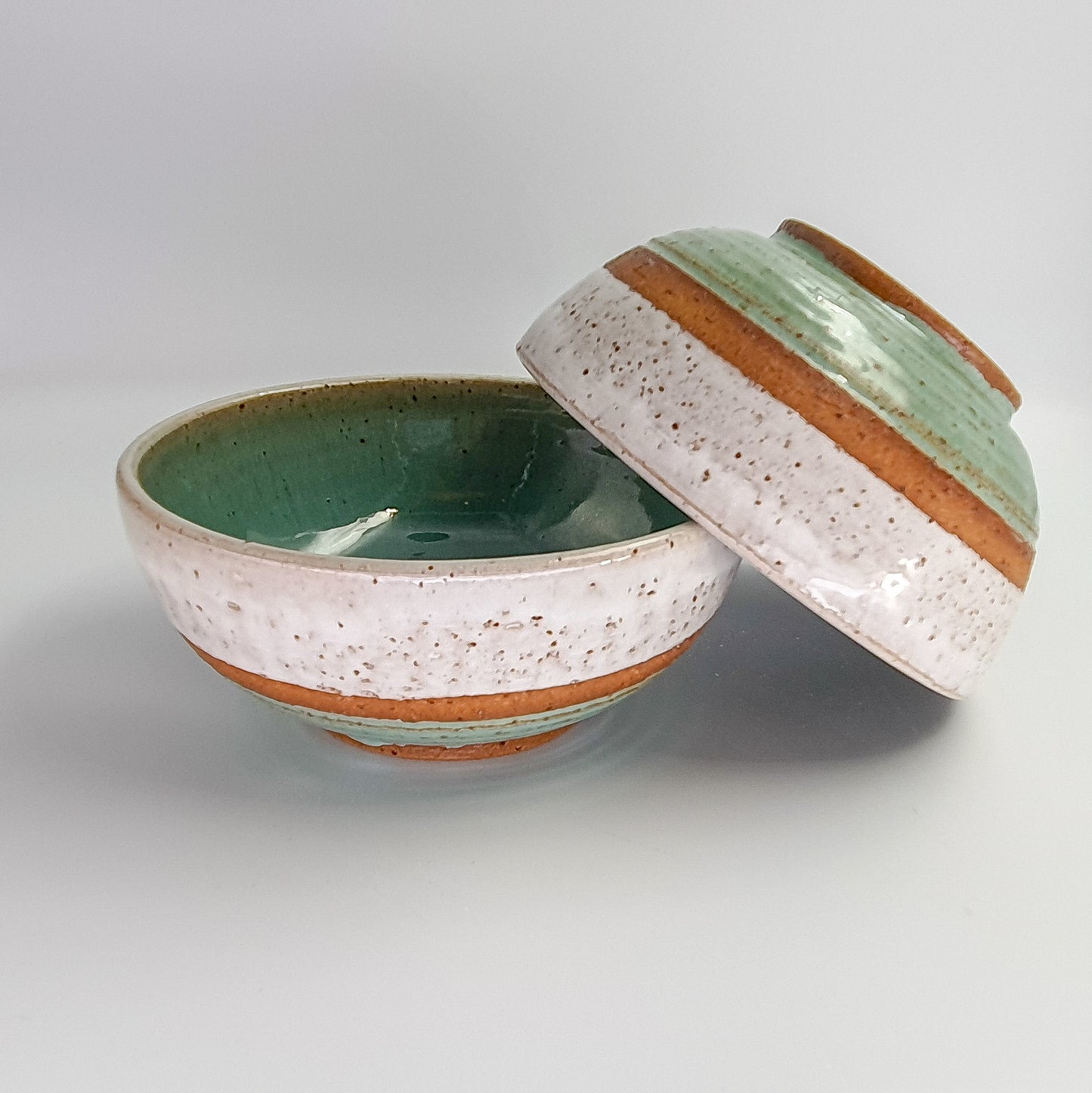 Pair of Green Brown and White Cereal Bowls